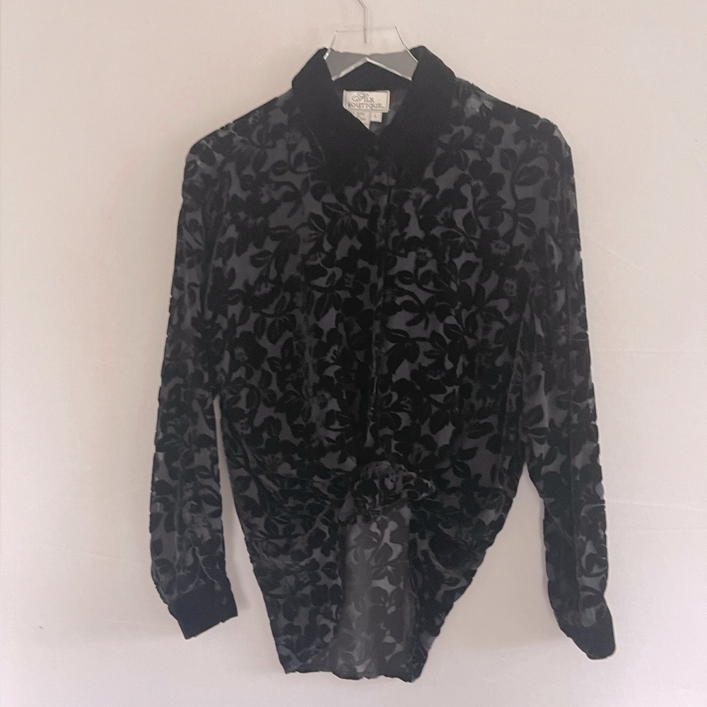 Vintage 90s Silk/Rayon Velvet‎ Burnout Sheer Floral Button Up Blouse